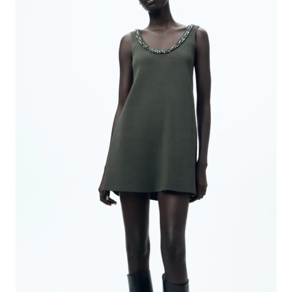 Zara Plain Knit Jewel applique Mini  Green Dress Sz-M
